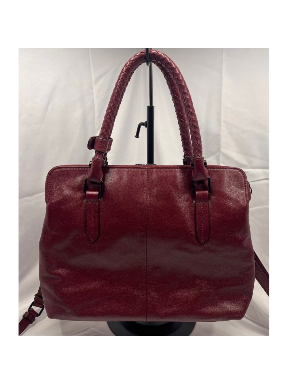 Elliott Lucca Genevieve Cabernet Leather Satchel Crossbody Bag Braided Handles